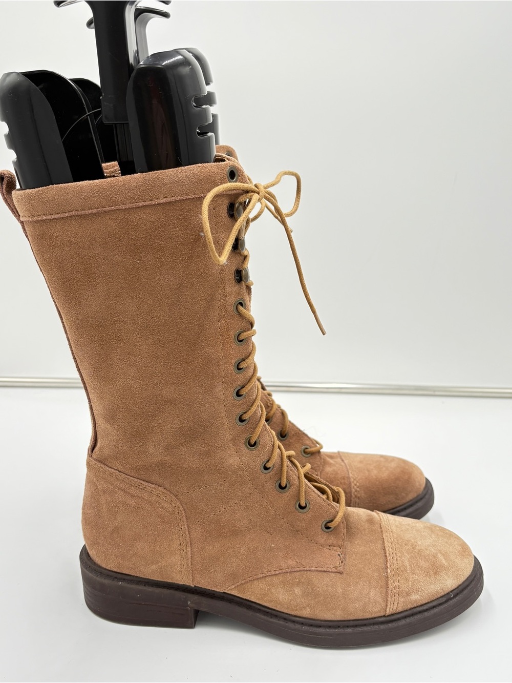 Nine West Gunner Mid Calf Tall Lace Up Combat Tan Suede Zip Lug Sole Boots Sz 9
